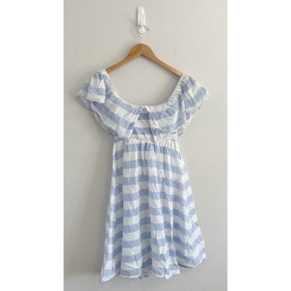 Lulus Off the Shoulder Transatlantic Voyage Blue Ivory Striped Midi Dress M - Picture 6 of 12
